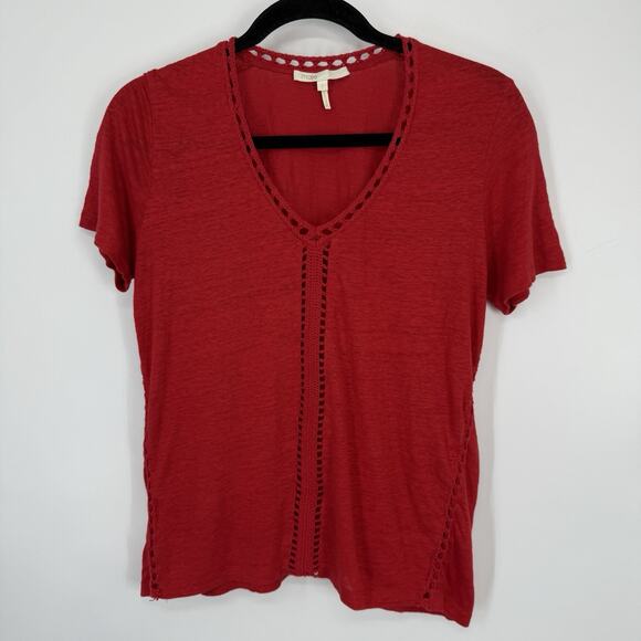 Maje Linen Short Sleeve Tee Women Size 2 V Neck Crochet Eyelet Red Pull Over - Picture 11 of 11